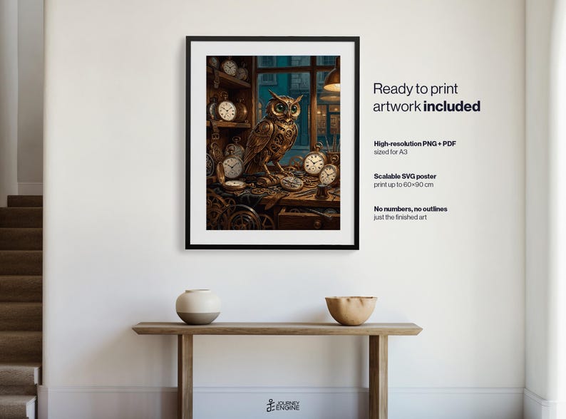May include: A framed wall art print featuring a mechanical owl surrounded by various antique clocks and gears in a workshop setting. The artwork includes text stating Ready to print artwork included, High-resolution PNG + PDF, and Scalable SVG poster.