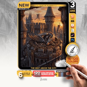 May include: A digital paint by number kit titled The Nest Above The City featuring a dragon resting in a nest atop a stone castle tower at sunset. The kit includes 120 colors, an interactive painting progress tracker, and six levels of detail.