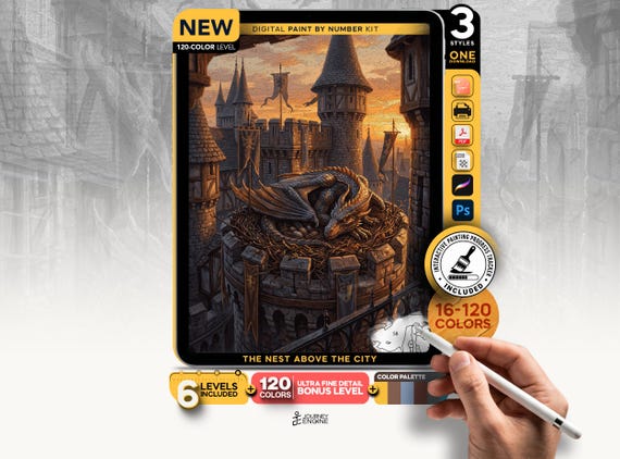 Sleeping Dragon Castle paint by numbers digital kit, Fantasy Tower Nest Art