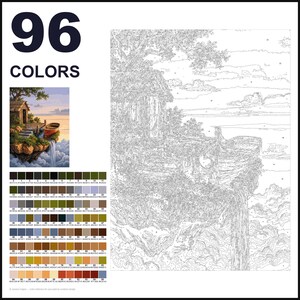 May include: A paint-by-numbers kit featuring a landscape of a floating island with a small cabin, a boat, and a waterfall. The kit includes a large numbered outline canvas, a small color reference image, and a grid of 96 color swatches with codes.