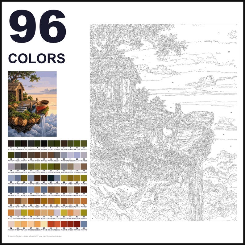 May include: A paint-by-numbers kit featuring a landscape of a floating island with a small cabin, a boat, and a waterfall. The kit includes a large numbered outline canvas, a small color reference image, and a grid of 96 color swatches with codes.