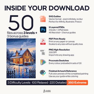 May include: A digital download package containing 50 files across 3 levels and 3 bonus guides. Includes SVG outlines, 9 layered PSDs, PDF print-ready files, high-resolution PNGs, Procreate swatches, and a finished artwork reference of a snowy house.