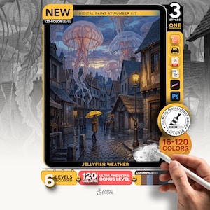 May include: A digital paint by number kit titled JELLYFISH WEATHER featuring a scene of a cobblestone street with a person holding a yellow umbrella under large floating jellyfish. The kit includes 120 colors, an interactive progress tracker, and multiple file formats for digital painting software.