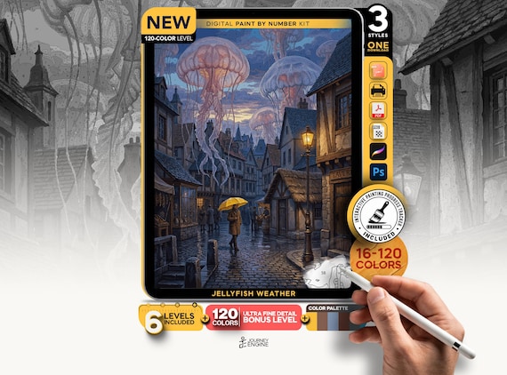 Jellyfish Sky paint by numbers digital kit, Surreal Rainy Town Fantasy Art