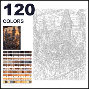 May include: A paint-by-numbers kit featuring a large outline of a castle and dragon scene with 120 numbered color swatches. The kit includes a small color reference image of the finished artwork and a grid of 120 distinct numbered paint color squares.