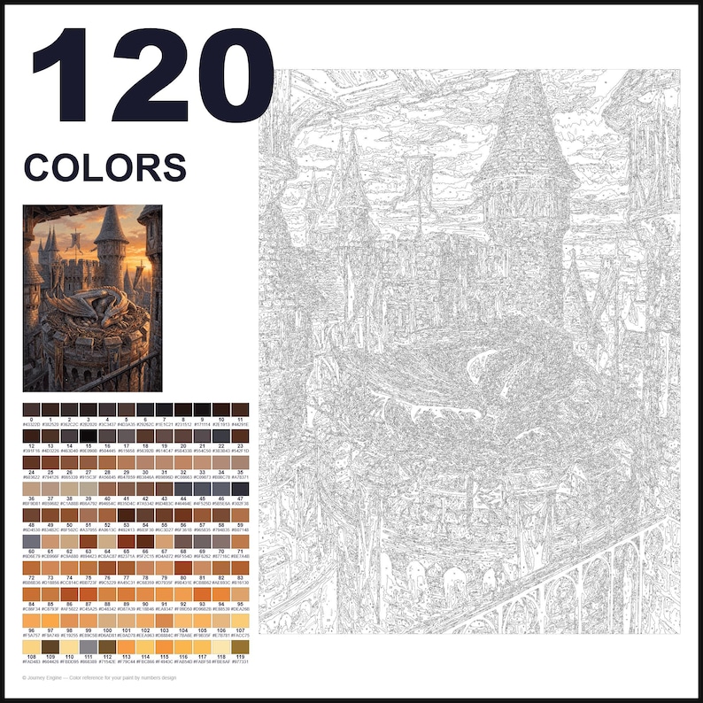May include: A paint-by-numbers kit featuring a large outline of a castle and dragon scene with 120 numbered color swatches. The kit includes a small color reference image of the finished artwork and a grid of 120 distinct numbered paint color squares.