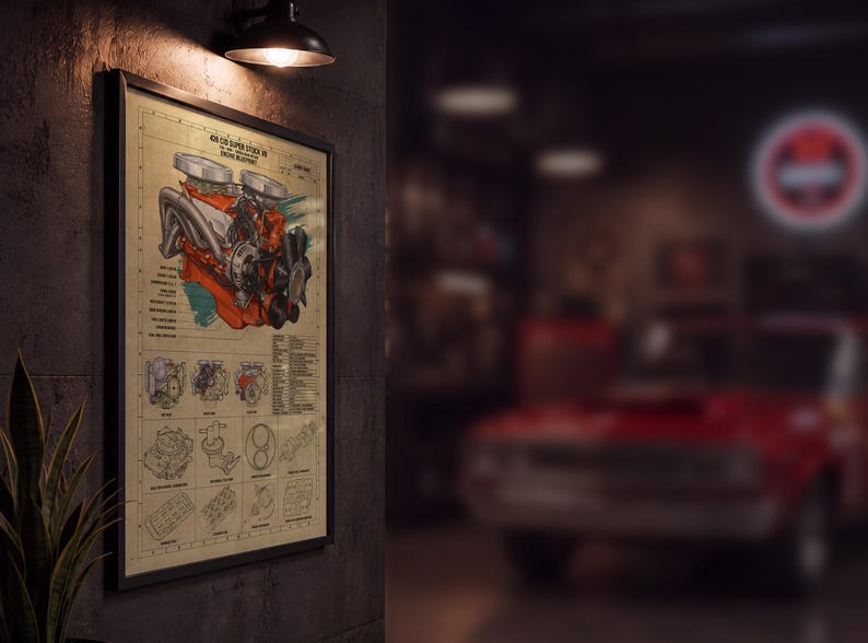 May include: A framed wall print featuring a technical blueprint of a 426 CID Super Stock V8 engine. The poster displays a large orange engine illustration, smaller component diagrams, and technical text on a tan background with a black frame.
