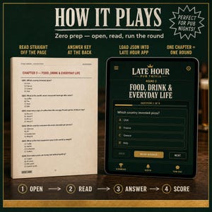 May include: A trivia game set featuring a printed book page titled Chapter 3 - Food, Drink & Everyday Life alongside a tablet screen displaying the Late Hour Pub Trivia app with the same question about pizza invention and multiple choice options.