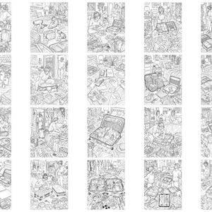May include: A collection of twenty black and white line art illustrations depicting various scenes of individuals packing suitcases, organizing travel gear, and preparing for trips within bedroom and closet settings, featuring detailed luggage and clothing.