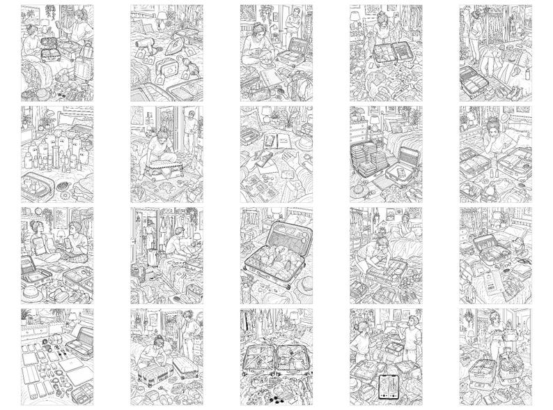 May include: A collection of twenty black and white line art illustrations depicting various scenes of individuals packing suitcases, organizing travel gear, and preparing for trips within bedroom and closet settings, featuring detailed luggage and clothing.