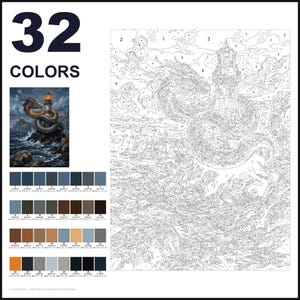 May include: A paint-by-numbers kit featuring a large numbered outline of a dragon coiled around a lighthouse on a rocky shore. The set includes a small color reference image, a grid of 32 color swatches with hex codes, and a large numbered canvas.