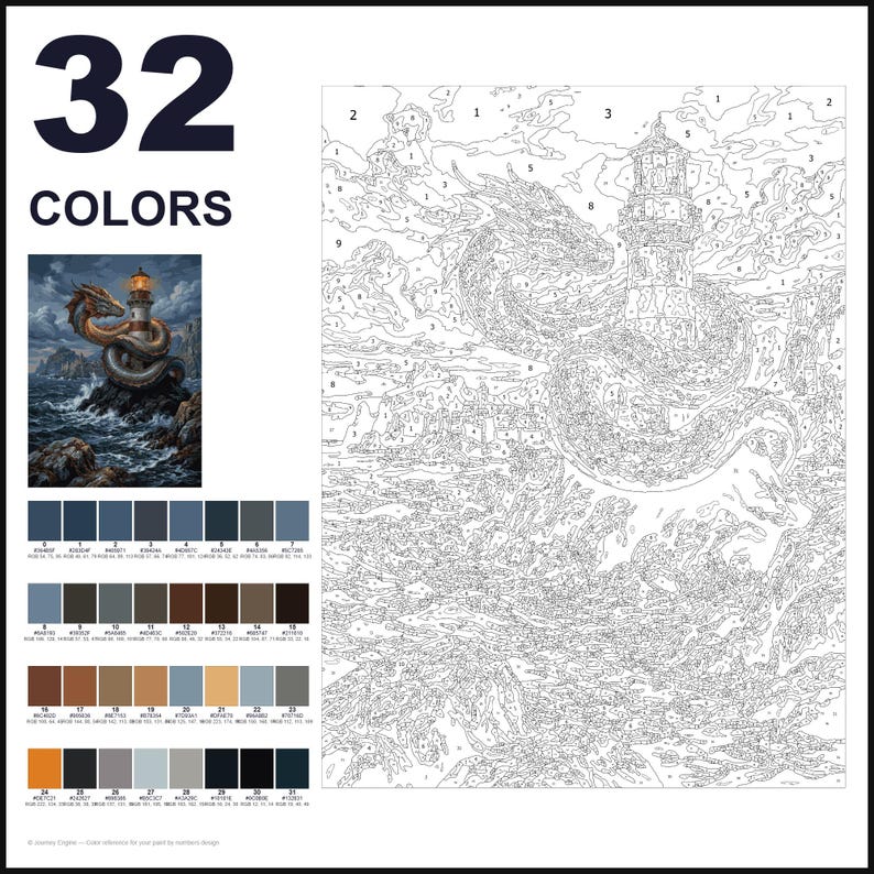 May include: A paint-by-numbers kit featuring a large numbered outline of a dragon coiled around a lighthouse on a rocky shore. The set includes a small color reference image, a grid of 32 color swatches with hex codes, and a large numbered canvas.