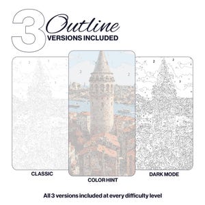 May include: Image displaying three paint-by-number options: Classic, Color Hint, and Dark Mode. The Color Hint version depicts a detailed painting of a tall stone tower and buildings. Text reads "3 Outline Versions Included" and "All 3 versions included at every difficulty level."