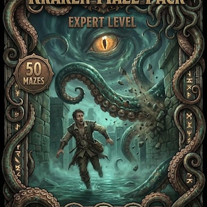 Peut inclure: Illustration de la couverture d'un pack de labyrinthes Kraken. Un homme fuit un poulpe géant dans une ville inondée. Le texte indique "Kraken Maze Pack", "Expert Level" et "50 Mazes". Comprend des icônes pour iPad et imprimable 21,6 x 27,9 cm.