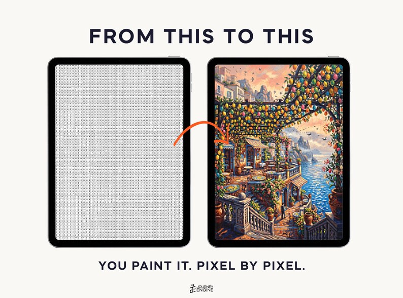 May include: Two tablets displaying a digital paint-by-number process. The left screen shows a grid of letters, while the right screen shows a colorful coastal scene with lemon trees, a terrace, and the sea. Text reads FROM THIS TO THIS and YOU PAINT IT. PIXEL BY PIXEL.
