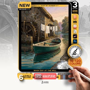 May include: A digital paint by number kit titled Wash Day at the Mill featuring a stone mill with a water wheel, a green boat on the water, and white laundry hanging on a line. The kit includes 120 colors, an interactive progress tracker, and 3 styles.