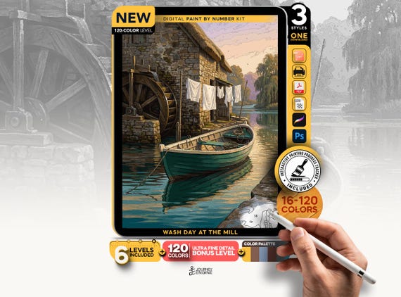 Old Watermill paint by numbers digital kit, Cottagecore Countryside Art