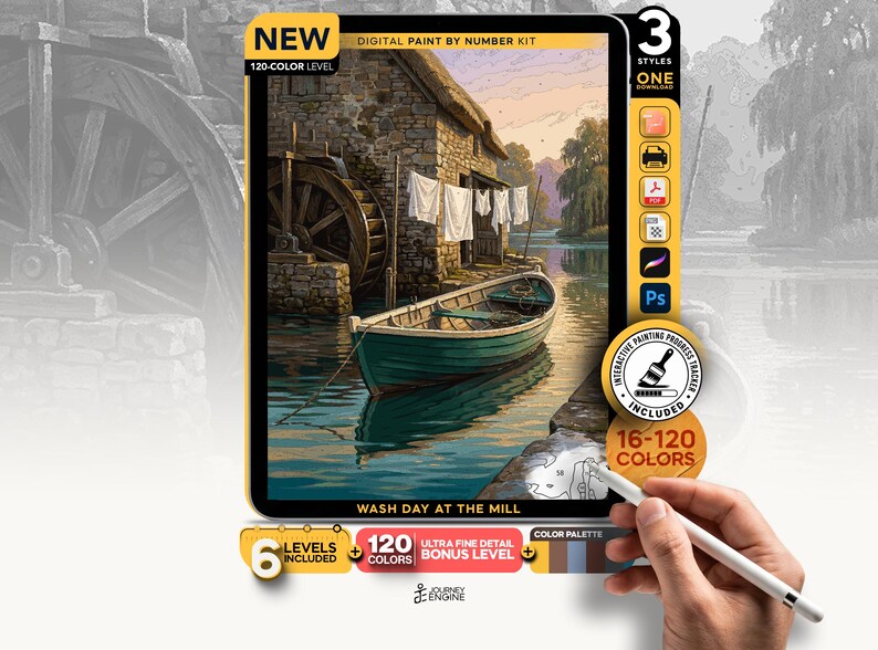 May include: A digital paint by number kit titled Wash Day at the Mill featuring a stone mill with a water wheel, a green boat on the water, and white laundry hanging on a line. The kit includes 120 colors, an interactive progress tracker, and 3 styles.