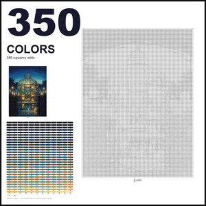 May include: A paint-by-numbers design template featuring a large grid, a color reference chart with 350 colors, and a small preview image of a glowing glass gazebo at night. The text 350 COLORS and 350 squares wide is printed at the top.