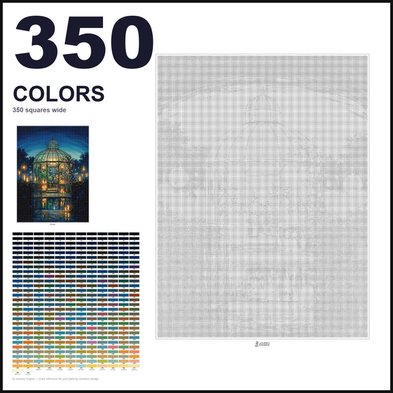May include: A paint-by-numbers design template featuring a large grid, a color reference chart with 350 colors, and a small preview image of a glowing glass gazebo at night. The text 350 COLORS and 350 squares wide is printed at the top.