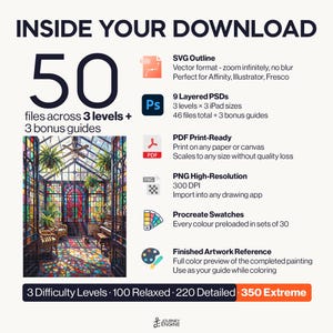 May include: A digital download package containing 50 files across 3 levels and 3 bonus guides. Includes SVG outlines, 9 layered PSDs, PDF print-ready files, high-resolution PNGs, Procreate swatches, and a finished artwork reference image.