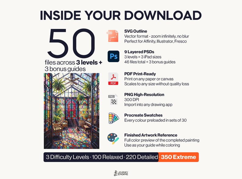 May include: A digital download package containing 50 files across 3 levels and 3 bonus guides. Includes SVG outlines, 9 layered PSDs, PDF print-ready files, high-resolution PNGs, Procreate swatches, and a finished artwork reference image.
