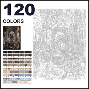 May include: A paint-by-numbers kit featuring 120 colors, a small reference image of a dragon in a stone hall, and a large outlined canvas with numbered sections. The design depicts a serpent-like dragon coiled in a vaulted architectural space.