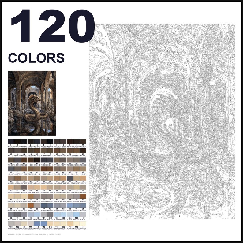 May include: A paint-by-numbers kit featuring 120 colors, a small reference image of a dragon in a stone hall, and a large outlined canvas with numbered sections. The design depicts a serpent-like dragon coiled in a vaulted architectural space.