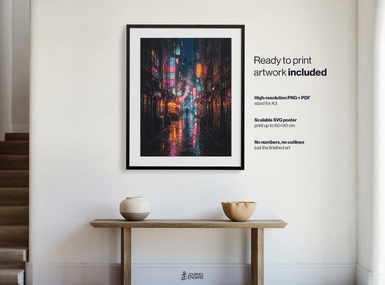 May include: A framed wall art print featuring a dark, rainy city alleyway illuminated by vibrant neon signs in shades of blue, pink, and orange. The text on the right reads: Ready to print artwork included, High-resolution PNG + PDF sized for A3, Scalable SVG poster print up to 60x90 cm, No numbers, no outlines just the finished art.