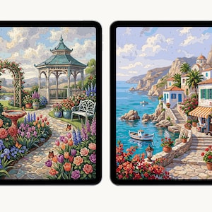 Pu&ograve; includere: Due tablet digitali che mostrano vivaci illustrazioni paesaggistiche. Lo schermo sinistro mostra un giardino con un gazebo, un sentiero in pietra e fiori colorati. Lo schermo destro raffigura un villaggio costiero con edifici bianchi e mare.