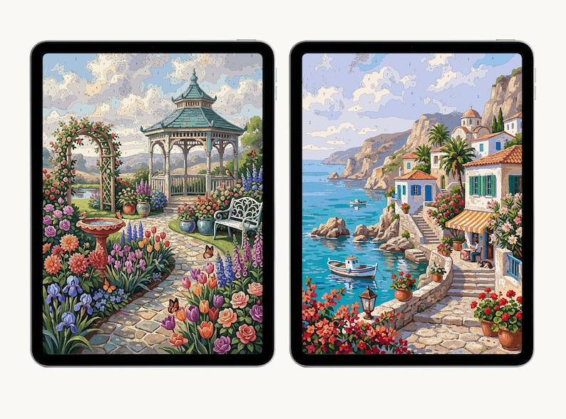 Pu&ograve; includere: Due tablet digitali che mostrano vivaci illustrazioni paesaggistiche. Lo schermo sinistro mostra un giardino con un gazebo, un sentiero in pietra e fiori colorati. Lo schermo destro raffigura un villaggio costiero con edifici bianchi e mare.
