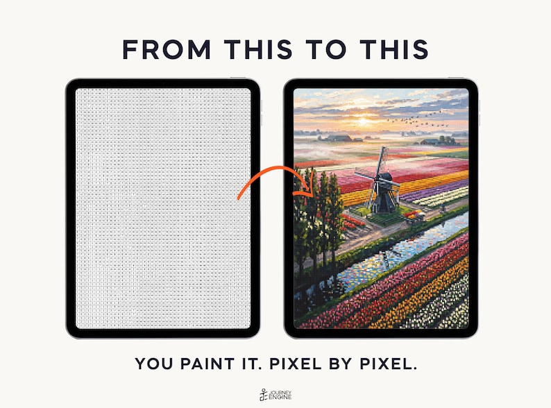 May include: Two tablets displaying a digital paint-by-number process. The left screen shows a grid of letters and numbers, while the right screen displays a finished landscape painting of a windmill, tulip fields, and a canal. Text reads FROM THIS TO THIS and YOU PAINT IT. PIXEL BY PIXEL.