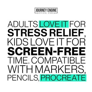 Puede incluir: Un gr&aacute;fico blanco con texto negro que dice: JOURNEY ENGINE OFFICIAL STORE. ADULTS LOVE IT FOR STRESS RELIEF, KIDS LOVE IT FOR SCREEN-FREE TIME. COMPATIBLE WITH MARKERS, PENCILS, PROCREATE. Las palabras LOVE IT y PROCREATE est&aacute;n resaltadas en color cerceta.