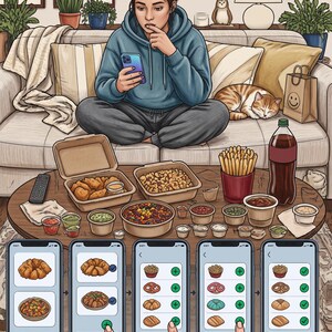 May include: A digital illustration of a person sitting on a couch using a smartphone, with a coffee table covered in various takeout food containers, including fried chicken, fries, a large soda, and multiple dipping sauces, plus a phone interface.