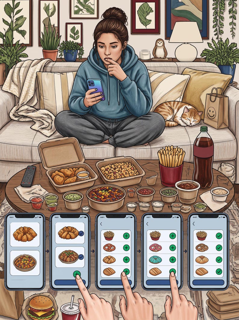May include: A digital illustration of a person sitting on a couch using a smartphone, with a coffee table covered in various takeout food containers, including fried chicken, fries, a large soda, and multiple dipping sauces, plus a phone interface.