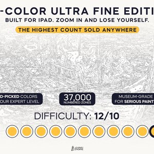 May include: A digital paint-by-number template featuring 37,000 numbered zones and 120 hand-picked colors. The graphic includes the text 120-COLOR ULTRA FINE EDITION, BUILT FOR IPAD, THE HIGHEST COUNT SOLD ANYWHERE, and DIFFICULTY: 12/10 with ten yellow circles.