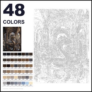 May include: A paint-by-numbers kit featuring a large numbered outline of a dragon in a stone hall, a small color reference image, and a grid of 48 color swatches labeled 0 through 47 with corresponding hex codes and RGB values for each paint color.