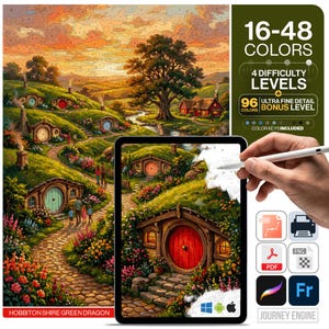 May include: A digital paint-by-number kit featuring a landscape of round-door hillside homes, a stone path, and a sunset sky. The image includes text indicating 16-48 colors, 4 difficulty levels, 96 bonus colors, and file formats like SVG, PDF, PNG, and Fr.