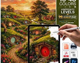 Middle Earth Paint by Numbers Digital | 5 Levels 16-96 Colors | Svg Pdf Png Procreate | Hobbiton Shire Green Dragon Printable Wall Art