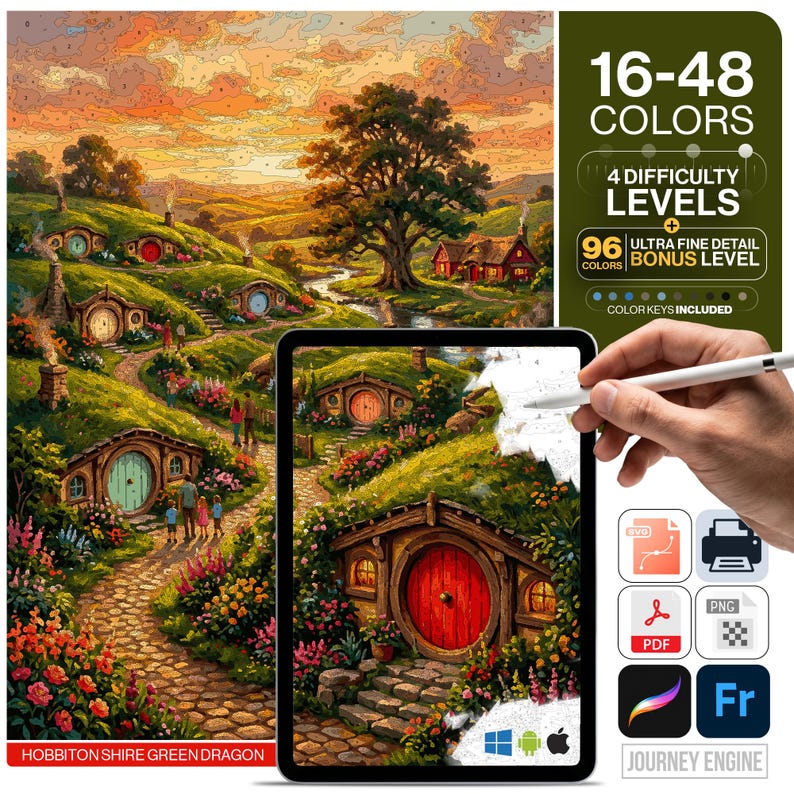 May include: A digital paint-by-number kit featuring a landscape of round-door hillside homes, a stone path, and a sunset sky. The image includes text indicating 16-48 colors, 4 difficulty levels, 96 bonus colors, and file formats like SVG, PDF, PNG, and Fr.