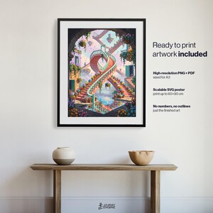 May include: A framed digital art print featuring a surreal, winding double staircase surrounded by lush flowers and hanging plants. The artwork displays a vibrant, dreamlike architectural scene with soft pastel colors and intricate details.