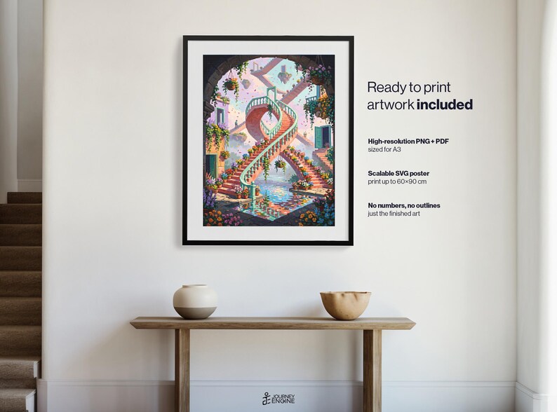 May include: A framed digital art print featuring a surreal, winding double staircase surrounded by lush flowers and hanging plants. The artwork displays a vibrant, dreamlike architectural scene with soft pastel colors and intricate details.