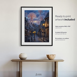 May include: A framed digital art print featuring a cobblestone street scene with a person holding a yellow umbrella under large, glowing jellyfish floating in a twilight sky. Text on the right reads: Ready to print artwork included, High-resolution PNG + PDF sized for A3, Scalable SVG poster print up to 60x90 cm, No numbers, no outlines just the finished art.