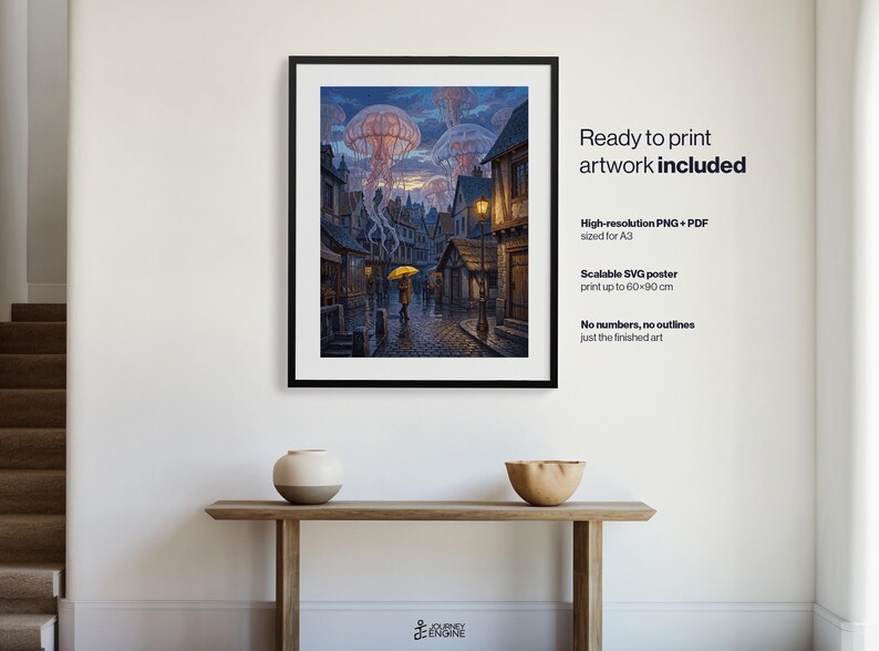 May include: A framed digital art print featuring a cobblestone street scene with a person holding a yellow umbrella under large, glowing jellyfish floating in a twilight sky. Text on the right reads: Ready to print artwork included, High-resolution PNG + PDF sized for A3, Scalable SVG poster print up to 60x90 cm, No numbers, no outlines just the finished art.