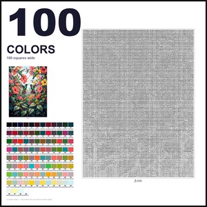 May include: A paint-by-numbers guide featuring the text 100 COLORS 100 squares wide. It includes a small color-coded image of hummingbirds and hibiscus flowers, a grid of 100 numbered color swatches with hex codes, and a large grid of numbers.