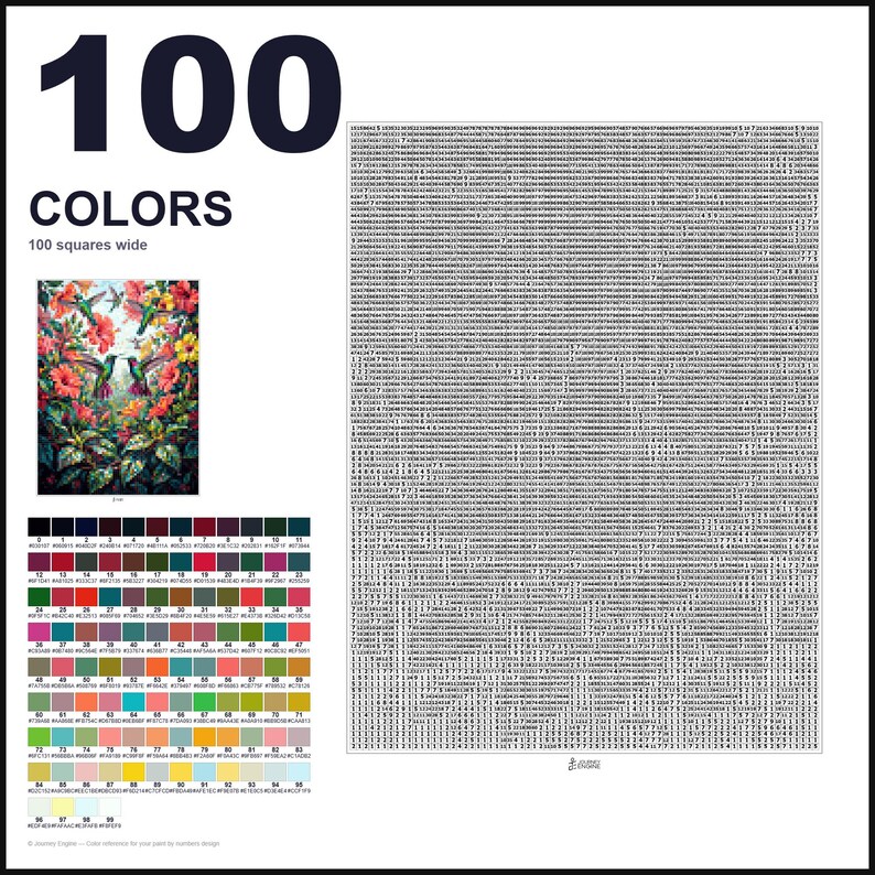 May include: A paint-by-numbers guide featuring the text 100 COLORS 100 squares wide. It includes a small color-coded image of hummingbirds and hibiscus flowers, a grid of 100 numbered color swatches with hex codes, and a large grid of numbers.