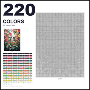 May include: A paint-by-numbers canvas template featuring a 220-square-wide grid. The layout includes a small color reference image of hummingbirds among hibiscus flowers, a comprehensive color key with 220 numbered swatches, and a large blank canvas.
