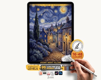 Starry Night Paint by Numbers, Swirling Sky Village Art, Adult Paint by Number Kit, 5 Difficulty Levels, Procreate + Printable PDF