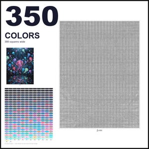 May include: A paint-by-numbers kit featuring a large gray grid canvas, a small reference image of colorful jellyfish in dark water, and a comprehensive color palette chart. The text 350 COLORS and 350 squares wide is clearly visible on the white background.