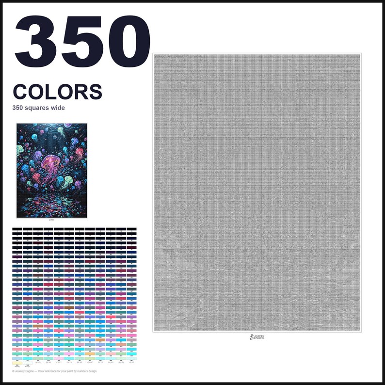 May include: A paint-by-numbers kit featuring a large gray grid canvas, a small reference image of colorful jellyfish in dark water, and a comprehensive color palette chart. The text 350 COLORS and 350 squares wide is clearly visible on the white background.